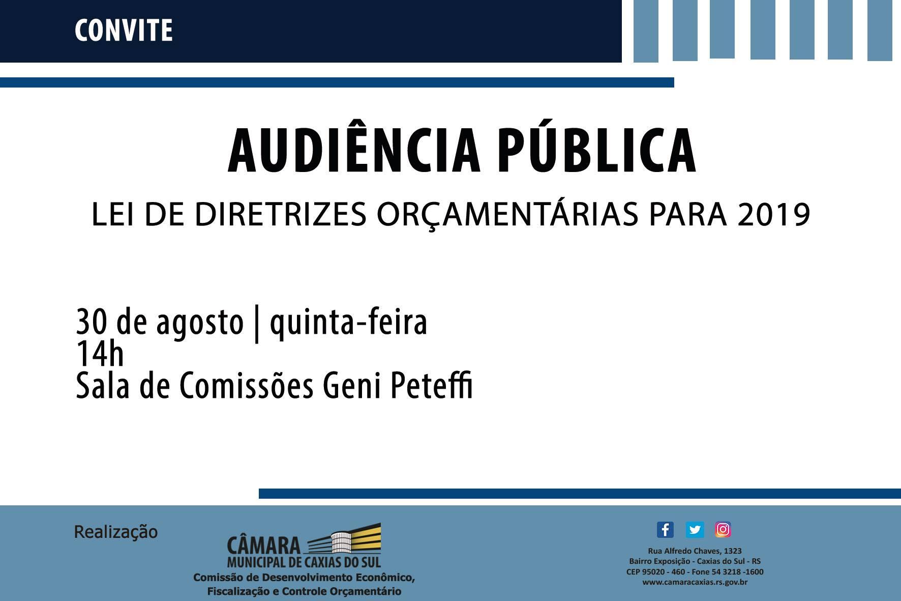 Audiência pública desta quinta-feira tratará do projeto de diretrizes orçamentárias de 2019