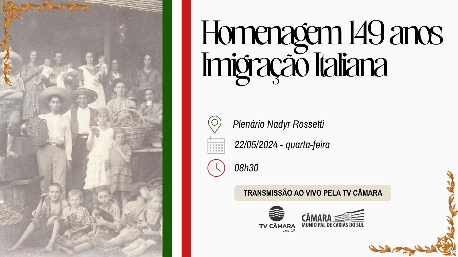 Câmara Municipal de Caxias do Sul celebrará os 149 anos da imigração e colonização italiana